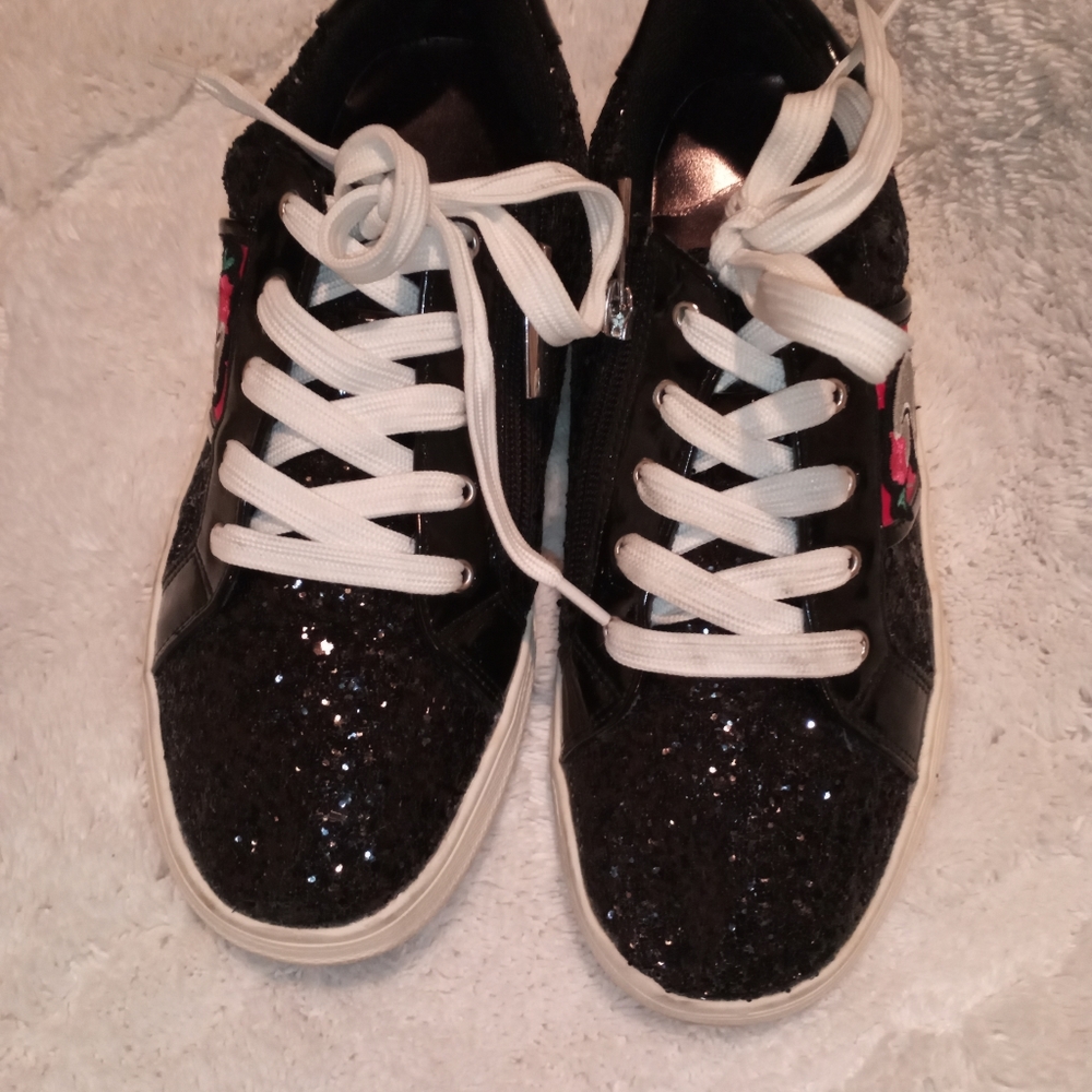 Kidpik, girls black glittery sneakers tennis shoe